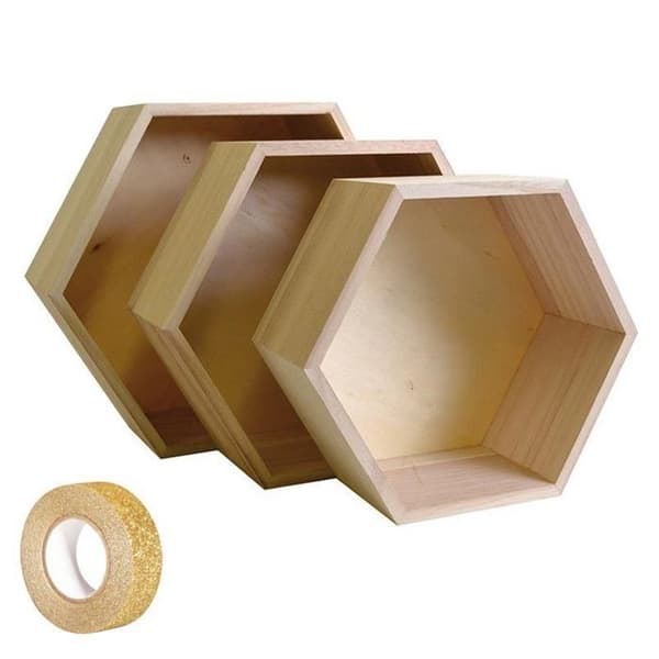 3 hexagonala hyllor i trä + guldglittrande masking tape 5 m