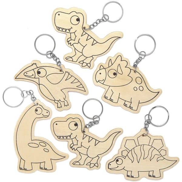 Baker Ross dekorationsstöd - AT671 - Dinosaurie nyckelringar i trä (pack med 10) - Kreativa hobbyer för barn