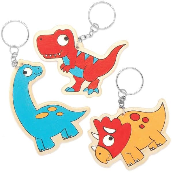 Baker Ross dekorationsstöd - AT671 - Dinosaurie nyckelringar i trä (pack med 10) - Kreativa hobbyer för barn