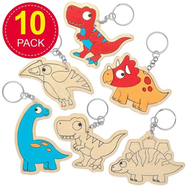 Baker Ross dekorationsstöd - AT671 - Dinosaurie nyckelringar i trä (pack med 10) - Kreativa hobbyer för barn