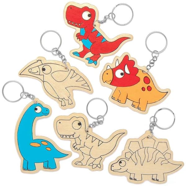 Baker Ross dekorationsstöd - AT671 - Dinosaurie nyckelringar i trä (pack med 10) - Kreativa hobbyer för barn