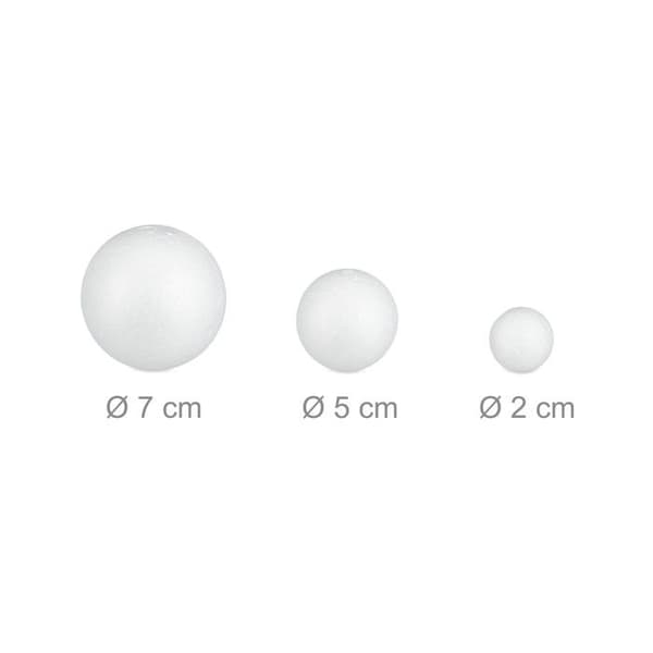 Relaxdays Boules i polystyren, set om 72, små & stora bollar, för att pyssla & måla, ∅: 2, 5 & 7 cm, vit