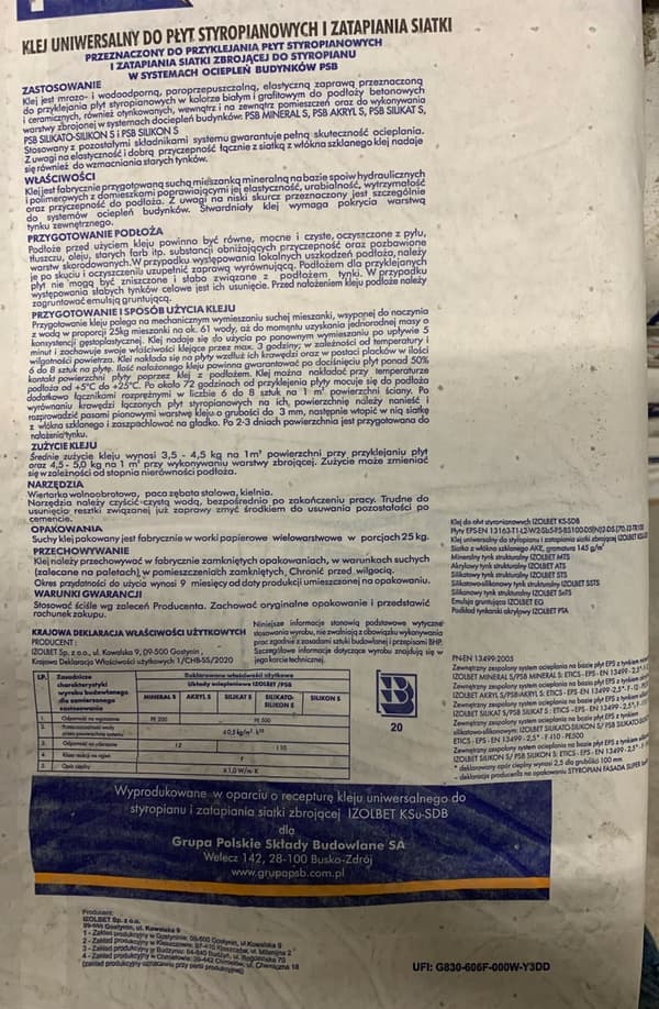 PSB-liima polystyreenin ja verkon upottamiseen 25 kg