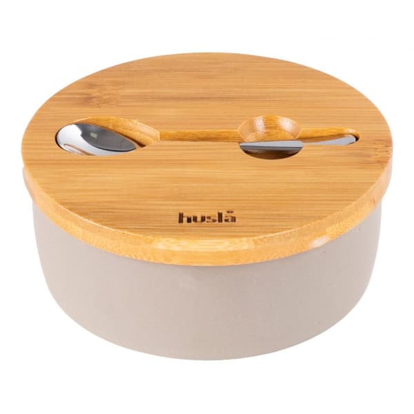 HYGGE keramisk sockerskål med lock och sked i akaciaträ