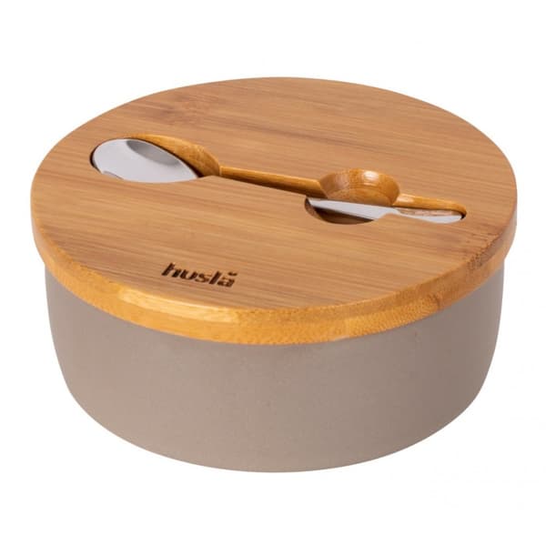 HYGGE keramisk sockerskål med lock och sked i akaciaträ