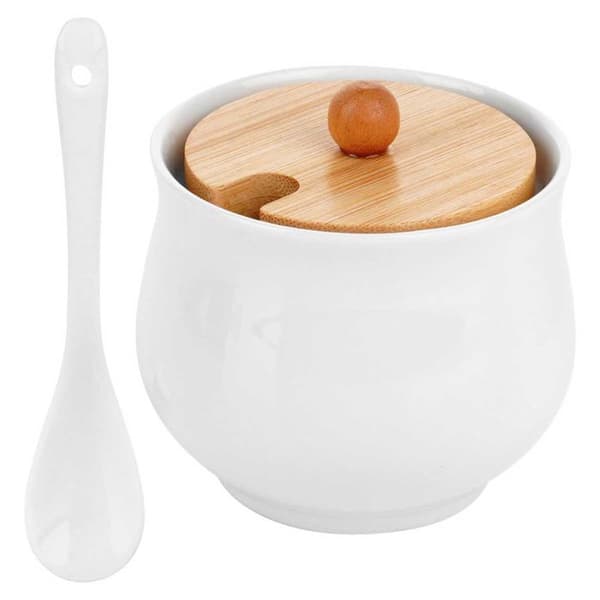 Sockerburk, keramik, vit med sked 139684