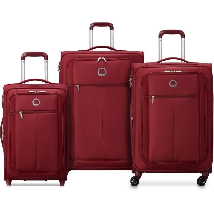 DELSEY PIN UP 5 - Set med 3 Trolley T55 cabin slim 2 hjul + T66/76 Trolley 4 dubbel - Expanderbar - Röd