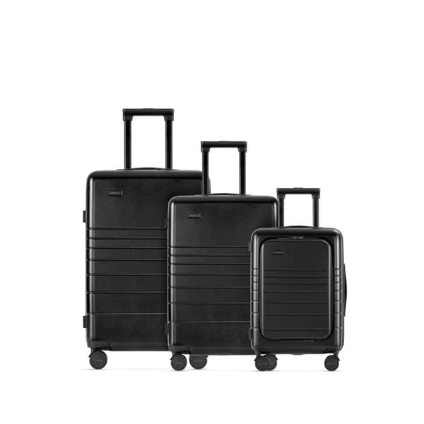 Set med 3 Eternitive E3 resväskor / TSA kombinationslås / storlek S + M + L / svart / kabinväska med extra ficka och USB-C- och USB-A-port / 360° svän