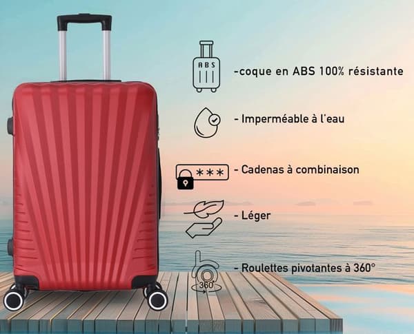 Valise Soute - TROLLEY ADC - 65x40x25cm - Hårdskal ABS - 4 Hjul 360° - Kombinationslås - Röd