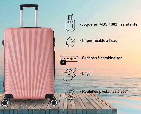 Medium suitcase - TROLLEY ADC - 65x40x25cm - Rigid ABS shell - 4 wheels 360° - Combination lock - Pink