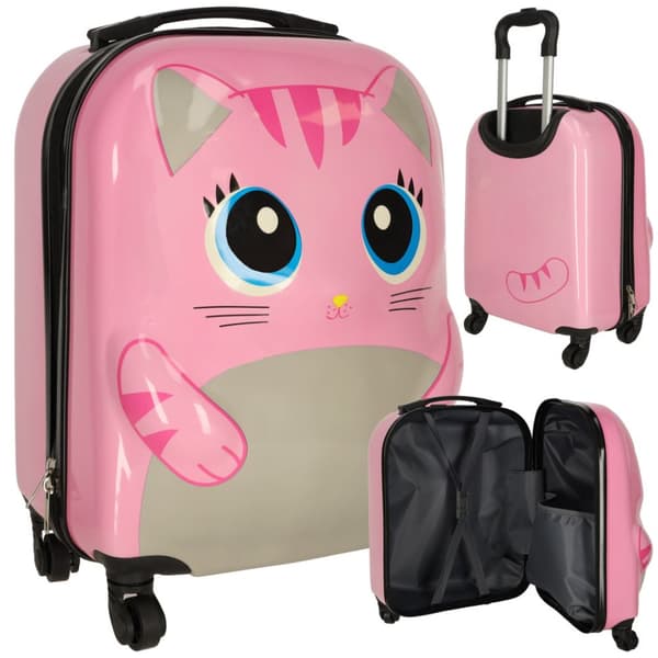 Rejsekuffert til børn, håndbagage på hjul, pink kat