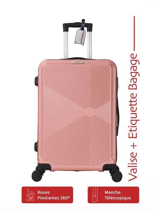 Pack Mellanstor Resväska 65cm Hård Jet Rosa + Bagageetikett - Mellanväska 4 Hjulingar 360 - 3.0kg - 65L ADC