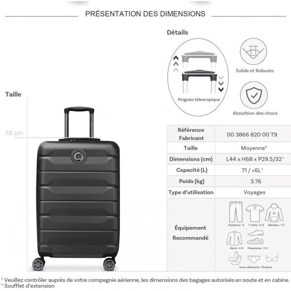 Medium styv resväska - DELSEY PARIS - AIR ARMOR - 68x44x32 cm - 77 liter - Svart