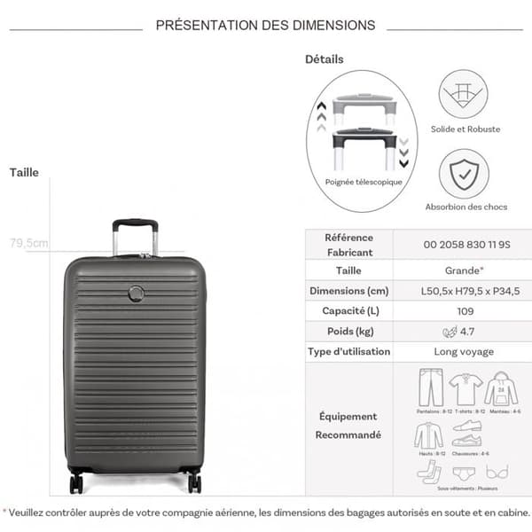 DELSEY PARIS - SEGUR 2.0 - Stor stel resväska - 79x50x34 cm - 109 liter - XL - Grå
