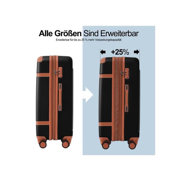 Väskuppsättning, handbagage med 4 hjul, ABS-material, TSA-tullslutning (svart + brun)