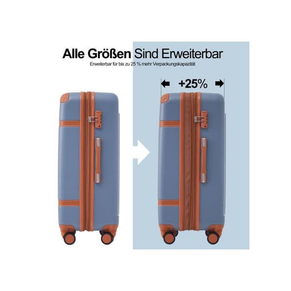 Ensemble av resväskor, handbagage med 4 hjul, ABS-material, TSA-låsning (dimblå + brun)