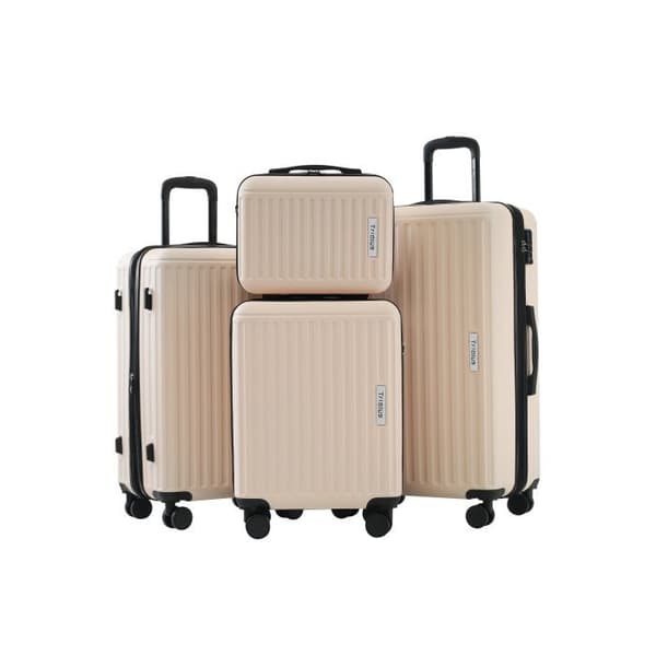 Set av resväskor, S-M-L-XL-set, väska med toalettartiklar, handbagage med 4 hjul, ABS-material, TSA-gränsskydd beige