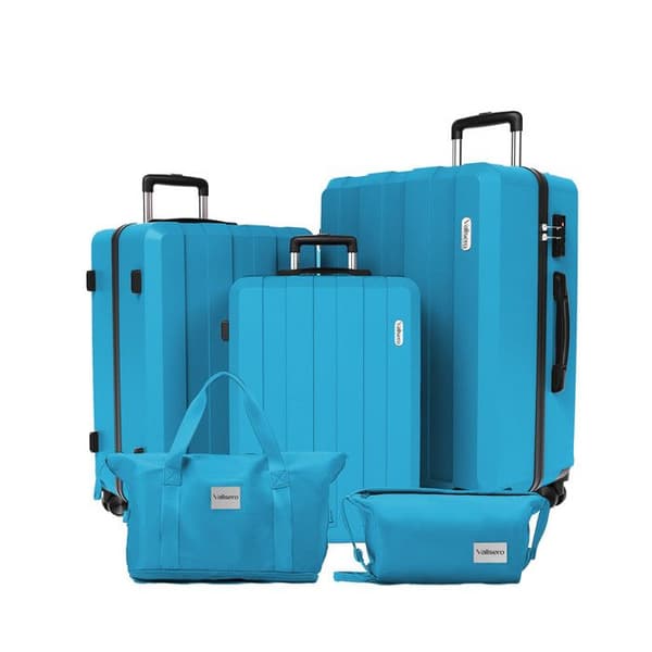 Set med 5 resväskor, väska 75cm-66cm-55cm + hopfällbar reseväska + sminkväska Ljusblå
