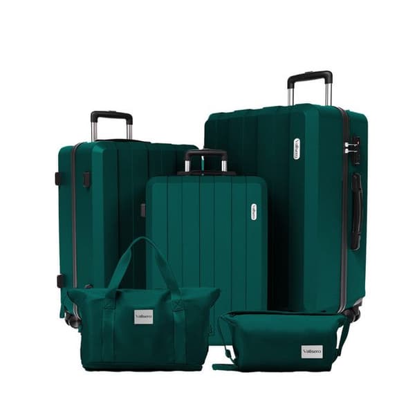 Set med 5 resväskor, väska 75cm-66cm-55cm + faltbar reseväska + sminkväska grön