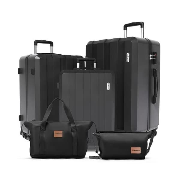 Set med 5 Resväskor, väska 75cm-66cm-55cm + vikbar reseväska + sminkväska, SVART
