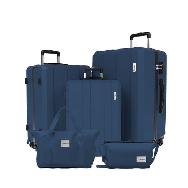 Set med 5 Resväskor, väska 75cm-66cm-55cm + vikbar resväska + sminkväska Mörkblå