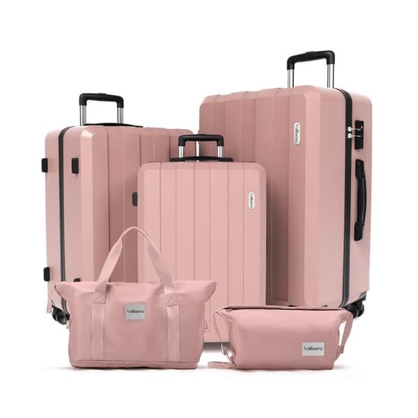 Set av 5 resväskor, resväska 75cm-66cm-55cm + hopfällbar reseväska + sminkväska, rosa