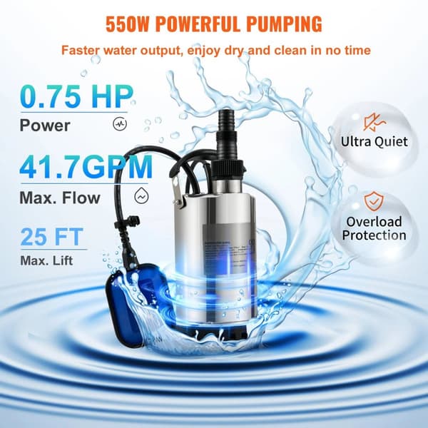 550W/0,75HP 158L/min dränkbar vattenpump med utloppsadapter för simbassänger, källare, badtunnor etc., automatisk på/av, hållbar