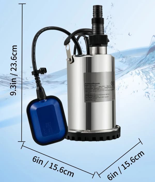550W/0,75HP 158L/min dränkbar vattenpump med utloppsadapter för simbassänger, källare, badtunnor etc., automatisk på/av, hållbar