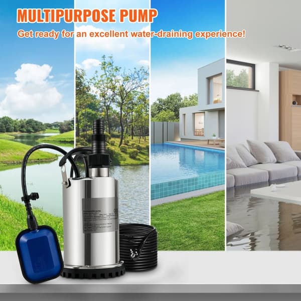 550W/0,75HP 158L/min dränkbar vattenpump med utloppsadapter för simbassänger, källare, badtunnor etc., automatisk på/av, hållbar