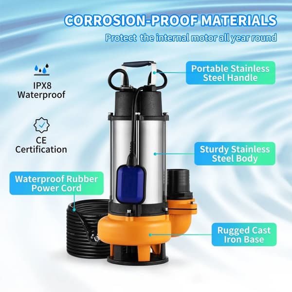 2200W/3HP 1000L/min 18m lyft dränkbar vattenpump med flottörbrytare, 10m nätsladd, slitstark