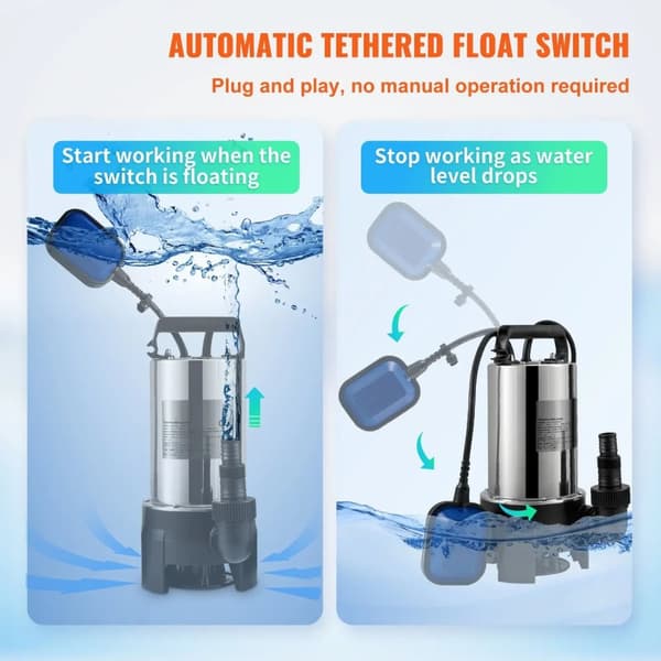 1100W/1,5HP 333 L/min 9m lyft dränkbar vattenpump med flottörbrytare, 10m nätsladd, slitstark