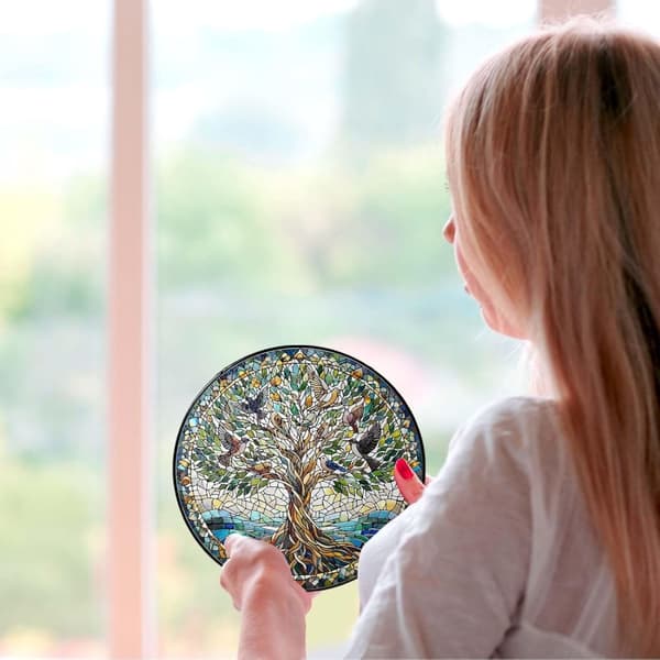 OBOSOE aurinkokeräinikkuna 20cm – riippuva elämänpuu lintujen kanssa aurinkoa heijastava mosaiikkilasikoriste kotiin ja puutarhaan