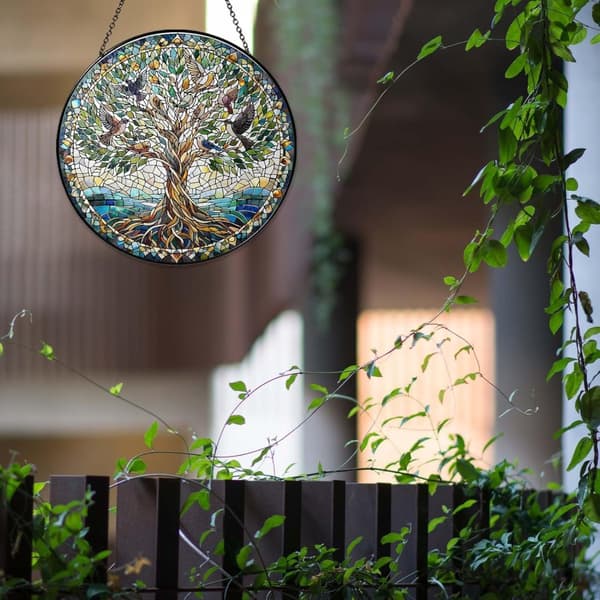 OBOSOE aurinkokeräinikkuna 20cm – riippuva elämänpuu lintujen kanssa aurinkoa heijastava mosaiikkilasikoriste kotiin ja puutarhaan