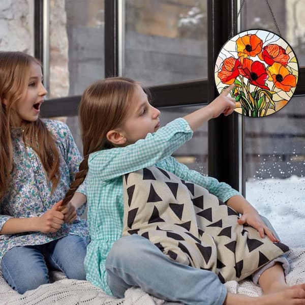 Bomclap California Poppy Forest -aurinkokeräin – lasimaalausikkunakoriste, käsintehty seinäkoriste punaisilla unikonkukilla