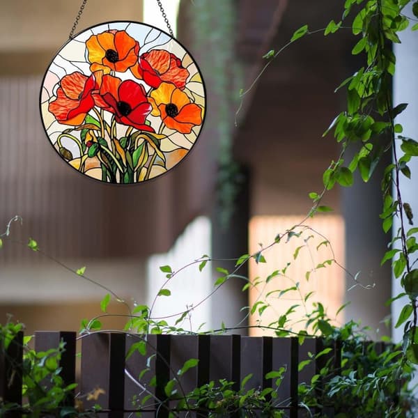 Bomclap California Poppy Forest -aurinkokeräin – lasimaalausikkunakoriste, käsintehty seinäkoriste punaisilla unikonkukilla