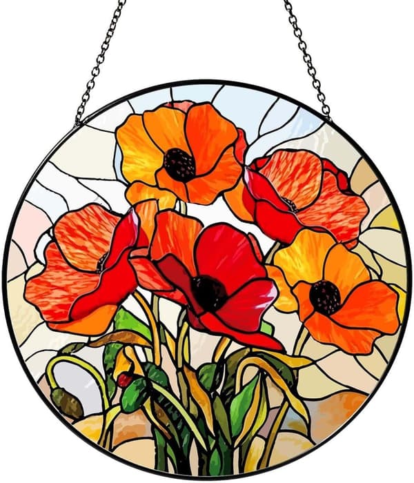 Bomclap California Poppy Forest -aurinkokeräin – lasimaalausikkunakoriste, käsintehty seinäkoriste punaisilla unikonkukilla