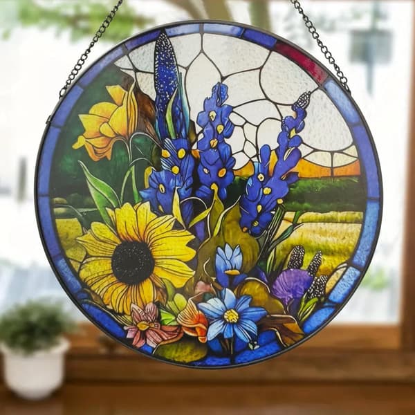 Bomclap Solsikke & Lavendel Catch Light - 16 cm Håndmalet Glasmosaik Vinduesdekoration med Kæde