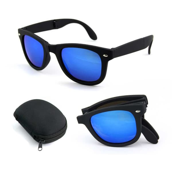 Sammenleggbare svarte veifares solbriller Blue Mirror Glass + Senile String