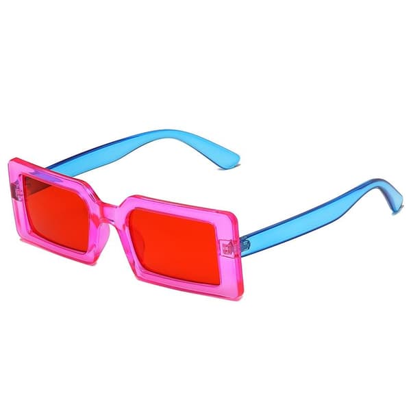 Trendy sunglasses with red glass, pink frames and blue temples