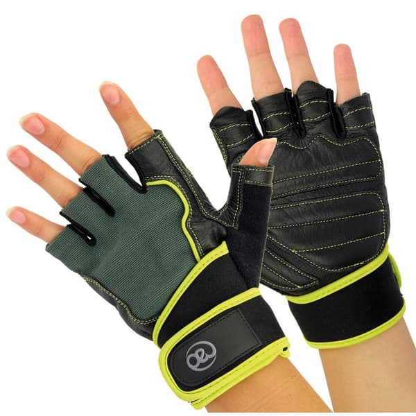 Fitness Mad Mens Leather Weightlifting Gloves Black/Neon Green XL