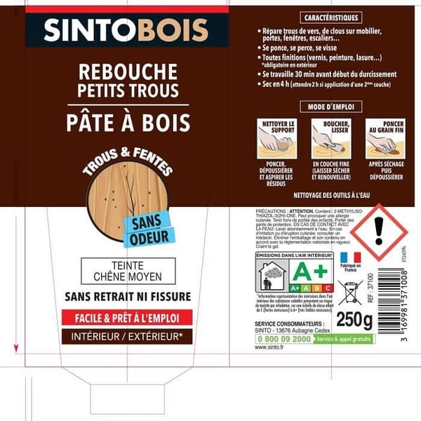 Wood putty - SINTO - SINTOBOIS - Medium oak - Tube 250g - Easy wood repair