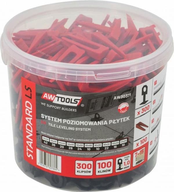 Awtools - AW30371 - STANDARD KERAMIKNIVÅSYSTEM 1,0mm - 7-15mm - KLIP 300 st. + HÖRNE 100 st.