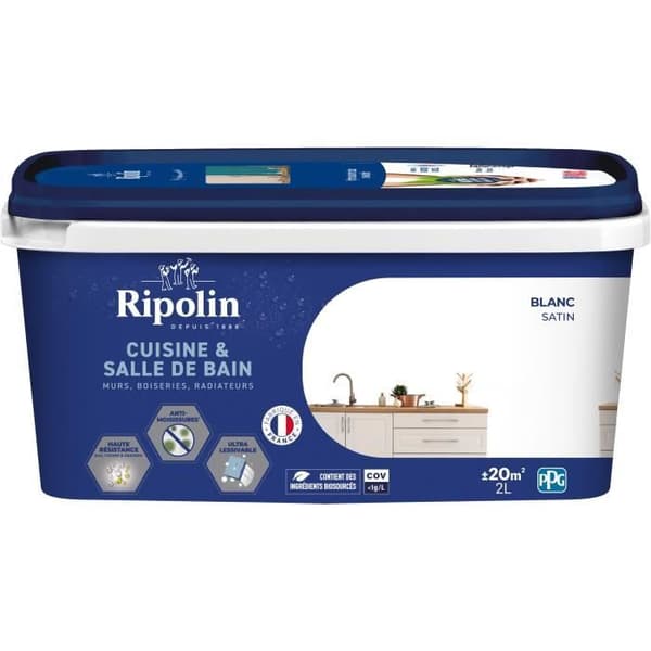 Maalaa seinät, puutyöt, katot, patterit - RIPOLIN - Keittiö ja kylpyhuone - 2 L - Valkoinen