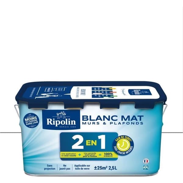 2-in-1 seinä- ja kattomaali - mattavalkoinen - RIPOLIN - 2,5 L