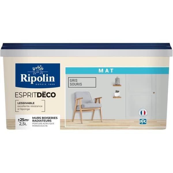 RIPOLIN Seinämaali kaikille osille, Ripolin - matta hiirenharmaa, 2,5 l