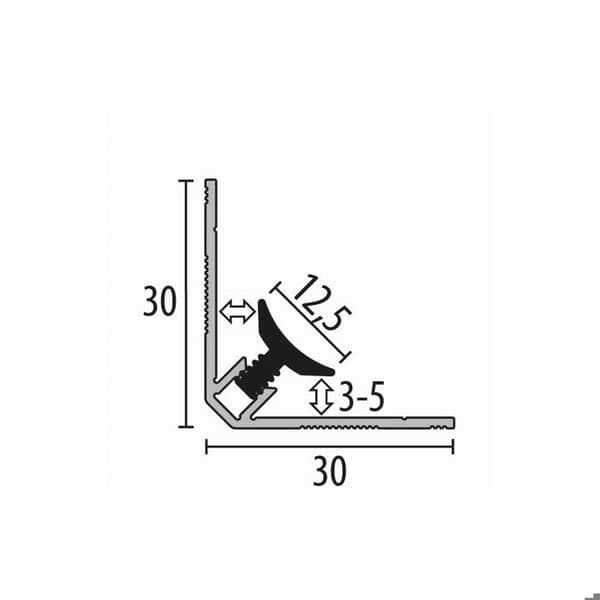 Profilvägg 30 x 30 x 2600 mm H för ram 3 - 5 mm Inre hörn klippt i aluminium Slät Küberit rostfritt stål