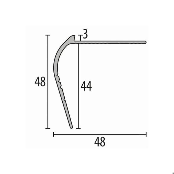 Nez av trappa 48 x 48 x 2500 mm Alu hörnprofil med borrade frästa skillnader s Küberit Alu polerad