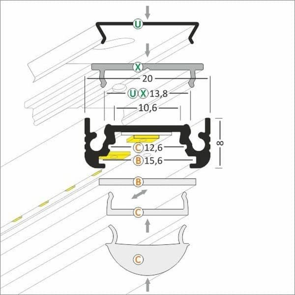 PROVISTON Profil LED i aluminium 20 x 8 x 2000 mm Vit LED-belysning Indirekt belysning LED-remsor 1 styck