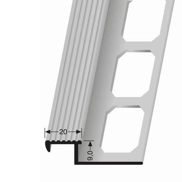Klinkergolvströskel 9 x 20 x 2500 mm, Tjocklek 9 mm i stansad aluminium 9 mm Silver