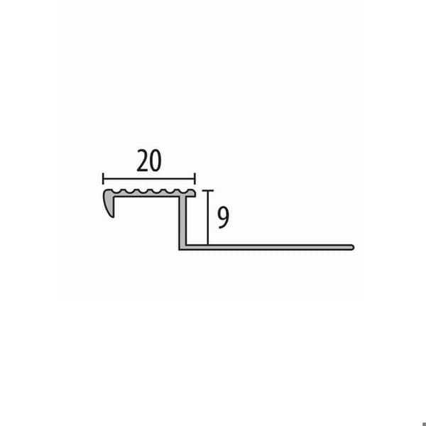 Klinkergolvströskel 9 x 20 x 2500 mm, Tjocklek 9 mm i stansad aluminium 9 mm Silver